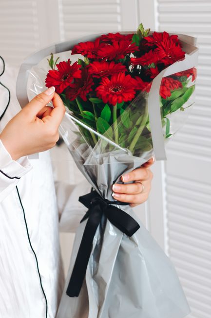 A person holding a bouquet of vibrant red gerbera daisies wrapped in clear and silver floral paper, tied with a black ribbon. The bouquet features fresh, lush green stems and leaves, with the flowers