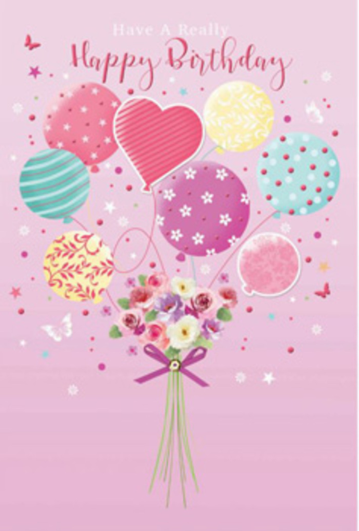 This illustrated birthday design evokes the feeling of a light-hearted celebration taking place right above the rooftops of Woodside, as if the whole neighbourhood has paused to look up. A soft, pastel-pink background creates a warm, welcoming canvas, against which a cluster of balloons and flowers becomes the clear focal point. The balloons appear weightless and bright, painted in pale sunshine yellow, rosy fuchsia, sea green, and lavender tones. Each balloon carries its own cheerful pattern-candy stripes that spiral upward, polka dots that scatter across the surface, stylised blossoms and whimsical swirls-giving the impression of movement even in a still image. They seem to be tethered not by string, but by a compact bouquet of fresh flowers, as though the blooms themselves are buoyant with birthday joy. At the base, the hand-tied arrangement features small roses and daisy-like flowers, their petals shaded from cream to pink and mauve, capturing the way real petals catch light when a bouquet is set near a bright window. The texture suggests velvety softness, as if you might brush your fingertips along them and feel their cool freshness, like a same-day birthday delivery arriving from a local Woodside florist. A purple satin bow gathers the stems neatly, catching just enough shine to draw the eye without overwhelming the gentle colour palette. Dancing around the central motif, delicate butterflies and tiny stars add a dreamy, almost storybook quality. The image as a whole whispers happiness rather than shouting it, conjuring the quiet delight of handing over a carefully chosen card and bouquet to someone special on their birthday in Woodside.