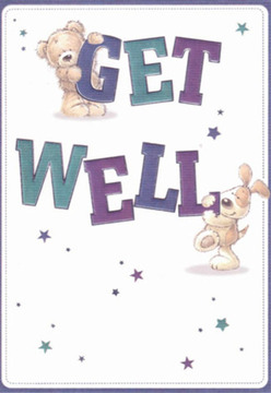 This charming get well card illustration captures the gentle, reassuring warmth you'd want to send to someone resting at home in Woodside. At the centre, a cuddly teddy bear with softly shaded golden-brown fur clings playfully to the upper edge of the word "GET," its rounded paws and friendly face giving the impression of a child's favourite toy brought to life. Beneath, a floppy-eared puppy, drawn in warm tan tones with darker accents on the ears and nose, nestles close to the large, bold letters spelling "WELL." The typography itself feels almost sculpted-big, puffed letters in layered shades of deep purple, indigo, and teal, with subtle highlights that make them seem to pop forward from the page like three-dimensional cushions. Around the characters and text, scattered starbursts and tiny stars float freely, painted in variations of blue, aqua, and violet, adding a whimsical, magical energy, as if each star were a little wish for healing drifting gently down, much like a comforting bouquet arriving at the door. The crisp white background keeps everything bright and uncluttered, evoking the clean, peaceful atmosphere of a freshly tidied bedroom overlooking one of Woodside's tree-lined side streets. The bear and puppy's expressive eyes and soft, rounded shapes communicate safety and kindness, echoing the nurturing thought behind sending flowers and a card together. Viewed as a whole, the card feels like a small celebration of recovery in progress-light-hearted, tender, and brimming with hope-perfect for resting on a bedside cabinet next to a vase of fresh blooms as a daily reminder that someone nearby cares deeply about their wellbeing.