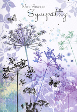 The design of this funeral sympathy card feels like a slow, calming exhale, much like pausing in one of Woodside's green corners after a rain shower. The foreground is filled with tall, slender wildflowers, their stems drawn as fine, almost calligraphic lines that stretch upward across a wash of muted violet, lavender, and pale green. Each umbelliferous bloom appears as a delicate, lace-like cluster of tiny blossoms, some depicted in deeper purple, others fading into subtle greys and silvers, creating a sense of depth without ever becoming stark. Around them, translucent butterflies hover in mid-air, their wings suggested with the lightest of strokes, giving the impression of gentle motion, as if they have just drifted in on a mild breeze. The background is a soft, blurred gradient, similar to looking through a misted window, allowing the flowers and butterflies to stand out while still maintaining a feeling of hush and privacy. There is no bright glare, only diffuse, comforting light that falls evenly across the scene. Though the card is simple in composition, it carries a thoughtful presence, the kind that feels appropriate beside a tasteful funeral arrangement or a small bouquet delivered to a doorstep in Woodside. It quietly expresses condolences without any need for elaborate decoration, focusing instead on nature's reassuring rhythms and the idea that, even in grief, there are glimmers of beauty and gentle remembrance.
