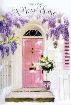 This image lingers on a serene doorway scene in Woodside, where every detail suggests the start of a cherished new chapter. A softly painted pink front door stands at the centre, its pastel tone glowing against smooth whitewashed walls, like the kind of lovingly maintained entrance you might pass on a side street near Woodside Green. Gentle sunlight washes the façade, catching on a single shutter finished in the same muted blush, so the colour rhythm carries your eye from one side of the doorway to the other. Overhead and to the sides, cascades of lavender wisteria drape in lush, fragrant strands, each pendant cluster of bloom hanging down like a curtain of petals. The blossoms shift from pale lilac at the tips to deeper lavender near the stems, creating a dreamy ombré effect that softens the whole entrance. Nestled at the doorstep is a chic grey tin bucket, slightly weathered and quietly stylish, holding a generous arrangement of white and cream roses. The roses are full-headed and plush, their petals layered like silk, accompanied by fresh greenery that spills softly around the edges. A blush-pink ribbon encircles the bucket, tied into a relaxed bow whose tails fall gracefully across the step. Dappled golden light slips through the wisteria, laying delicate shadows on the stone, so that the scene feels gently alive, as though a breeze might stir the blooms at any moment. The mood is one of hopeful anticipation and quiet joy, the sort of floral welcome you might send when congratulating someone on collecting the keys to their new Woodside home, offering comfort, celebration, and the promise of many happy memories to follow.