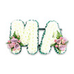 A dignified white floral tribute spelling "MA" is displayed as if carefully laid out before a funeral or memorial in Woodside, its details clear and meticulously finished. The two capital letters are constructed from firm frames, then lavishly covered with pure white chrysanthemums placed so close together that they create an unbroken carpet of petals. Each bloom contributes to a soft, pillowy texture, evoking innocence, peace, and the steady presence of a mother's love. The outer edge of the letters is trimmed with a dark emerald green ribbon, folded into regular, ruffled pleats. This satin-like border adds structure and a tailored elegance, crisply defining the clean lines of the M and A against the light background. At the lower left of the M and lower right of the A, complementary accent sprays of pastel flowers introduce a gentle, comforting colour palette. You can see soft blush pink roses, delicate lilac or lavender-toned roses, and smaller pink spray roses clustered together, their layered petals opening like quiet conversations shared over many years. Wisps of fern and small leafy stems weave through the blossoms, adding natural texture and a sense of life continuing beyond the moment of farewell. The arrangement feels purposefully balanced and symmetrical, the white chrysanthemums symbolising respect and remembrance, while the pinks and lilacs suggest affection and gratitude. Presented against a simple white ground, the tribute would be fitting on a stand beside the coffin or near the front of a Woodside chapel, offering a clear, loving message from children or grandchildren to their "MA," expressed entirely in flowers rather than words.