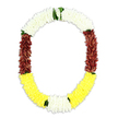 A single, beautifully composed funeral garland in a classic U-shape is set against a crisp white background, making its colours and textures stand out with quiet clarity. The upper curve is crowned with densely woven white blossoms, bringing to mind small chrysanthemum heads or intricate jasmine strands, their tightly layered petals forming a soft, almost cloud-like halo. This pale band speaks of peace and spiritual calm, like a still moment of reflection by yourself in one of Woodside's green spaces. On either side, as the garland gently descends, the white shifts into deep maroon sections, the flowers clustered so closely that they form rich, velvety columns. These darker tones hold a sense of dignity and solemn reverence, often associated with traditional malas used for honoring loved ones and marking sacred transitions. Along the base of the U, the colours lift into a bright sweep of yellow blossoms, arranged just as densely, adding a tender touch of light and remembrance-more comforting glow than bold celebration. Small sprigs of vibrant green foliage peek out between the colour bands, giving subtle structure and freshness, like little pauses that help the eye travel around the design. The overall effect is balanced and intentional, suggesting the careful hand of an experienced local florist, perhaps preparing this garland for a memorial service, temple visit, or cultural rite in Woodside. With its thoughtful combination of white, maroon, yellow, and green, this piece becomes more than decoration; it becomes a symbol of respect, memory, and the gentle hope that accompanies saying goodbye.