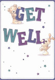 A whimsical get well card illustration shows two friendly characters-a soft, golden-brown teddy bear and a floppy-eared puppy-working together to share a cheerful "Get Well" message. The bear, with gently textured fur that looks almost touchable, hangs playfully from the top of the bold word "GET," while the puppy leans affectionately against the large, rounded letters of "WELL" below. The lettering is thick and bouncy, shaded in rich indigo, deep purple, and teal tones that feel as soothing as a dusky evening sky over Woodside. Around them, scattered star shapes in varying sizes shimmer in shades of blue, violet, and aqua, like tiny bursts of encouragement drifting through the air. The background is a clean, creamy white, giving the design a fresh, airy feeling, similar to stepping into a tidy, sunlit room after a walk through the quiet residential streets near Woodside Green. Though there are no flowers in the artwork itself, the balance of colour, space, and texture recalls the care of a thoughtfully arranged get well bouquet, where every stem is chosen to comfort and uplift. The bear's rounded paws, the puppy's velvety ears, and their open, smiling faces convey genuine tenderness, as if they are standing in for a reassuring hug. This image feels perfect for pairing with a bright, comforting arrangement delivered to someone recovering at home in Woodside, offering not just a message, but a gentle, hopeful mood that lingers long after the card is set on the bedside table.