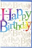 This image shows a beautifully designed birthday card that seems to hum with joy, the kind of card you might prop beside a bright vase of birthday flowers in a Woodside living room. Centred on the front, the phrase "Happy Birthday" is written in large, rounded letters that dance across the card in a flowing rainbow gradient. The colours shift seamlessly from deep cherry and berry tones into rich blues, leafy greens, and finally into golden yellows, echoing the lively mix of shades you'd see in a celebratory arrangement ready for same-day delivery around Woodside. Each letter's edges are softened slightly, suggesting a gently airbrushed or hand-painted finish that feels inviting to the touch. Behind the bold message, a fine tapestry of gold script fills the background, repeating "Happy Birthday to you" in delicate, looping lines that ripple from top to bottom. The metallic ink gives the impression of subtle sparkle, like fairy lights glimpsed through foliage at an evening garden party. Here and there, tiny starbursts and specks of colour are scattered among the script, adding a hint of confetti-like fun without overpowering the design. The surface of the card appears smooth and classically finished, catching the light in a soft sheen. Altogether, the card combines bold, youthful colour with elegant detailing, creating a sense of heartfelt celebration and anticipation-the perfect companion to a thoughtfully chosen birthday bouquet for someone special in Woodside.