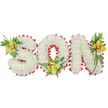 A tender, three-dimensional floral tribute spells out the word SON in bold block letters formed entirely from hundreds of small, pristine white chrysanthemum blooms. The dense clusters of petals give each letter a cloud-like, sculpted surface that reads as both pure and solemn against a clean, soft-white backdrop. Around every edge and tracing the inner curve of the O, a vibrant red ribbon is hand-looped into a delicate scalloped border, the satin catching a little light to create a striking contrast against the matte white chrysanthemums. At carefully considered focal points the design is softened with fresh greenery and lime-green Cymbidium orchids: one nestled into the upper left curve of the S, another cradled in the base of the O, and the third tucked toward the upper right of the N. Each orchid shows a pale orange to reddish-brown throat, its waxy petals and subtle sheen adding tactile richness beside feathery fern fronds and long, glossy leaves that lift the composition upwards. The overall palette-snowy white, vivid ribbon red, and cool yellow-green orchids set against deep foliage-reads as a quiet, heartfelt message of love and remembrance for a beloved son. The arrangement's craftsmanship is visible in the neat chrysanthemum placement, the precise ribbon scalloping, and the natural drape of the foliage; under soft, diffused light the textures are easy to imagine: crisp petals, smooth ribbon, and the faint, clean scent of fresh blooms. Designed for funeral services or graveside memorials, this piece suits families around Woodside and neighbouring South Norwood seeking a personal, respectful tribute that balances dignity with tender colour.
