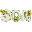 A heartfelt, three-dimensional floral tribute spells out the word SON in bold capital letters, photographed against a clean white backdrop so every texture reads clearly. Each letter is densely covered with pristine white chrysanthemums, their layered petals forming a plush, cloud-like surface that feels soft under the eye and suggests quiet purity. Winding through and around the white blooms are trailing dark green ivy vines, their glossy leaves looping gently to lend organic depth and a sense of ongoing life. Lush fern fronds and pointed foliage peek from the letter edges, adding a softer, feathery green contrast to the chrysanthemums' compact heads. Bright yellow sunflowers, with broad golden petals and deep, seed-dark brown centres, punctuate the design: one nested in the upper-left curve of the S, another tucked into the lower arc of the O amid the ferns, and a third anchoring the upper-right of the N. The sunflowers introduce warmth and a quiet optimism to an otherwise reverent palette, their faint honeyed scent imagined against the powdery chrysanthemum aroma. The composition is lit with soft, even light that flattens harsh shadows and highlights the sculptural quality of this memorial piece, intended as a respectful funeral tribute for a beloved son. As a local Woodside florist might note, the carefully layered textures and considered placement of each bloom speak of steady hands and sympathetic care, appropriate for delivery across Woodside neighbourhood streets, near the green and local high street. The overall impression is one of calm remembrance: white for peace, green for continuing life, and yellow sunflowers to honor memory with a gentle, uplifting note.