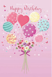This birthday card illustration captures that airy, excited feeling of waking up to balloons and flowers on a special morning in Woodside. The background is a soft, comforting pink, like the inside of a gift box just opened, and from its centre rises a bouquet that seems to blur the line between helium balloons and fresh blooms. Pastel balloons float upward in a loose cluster, tinted in gentle shades of blush, seafoam, lemon, and lilac. Each balloon has its own design language: some wear candy-coloured stripes that swirl toward the top; others are sprinkled with playful polka dots; one forms a subtle heart-like shape radiating affection. Their glossy surfaces catch light, suggesting a calm, bright room where birthday surprises are waiting. Anchoring this dreamlike cluster, a small hand-tied bouquet sits at the base, full of delicate roses and anemone-style flowers. The petals unfold in tones of creamy ivory, blush pink, and muted mauve, the sort of soft palette often chosen for thoughtful birthday flower deliveries around Woodside. The imagined scent is tender and sweet, hinting at freshly cut stems and garden blooms. A violet satin bow wraps the stems, its ribbon tails curling gracefully and glinting where the light touches the fabric. Around the main design, tiny stars and fluttering butterflies drift like confetti caught in a gentle breeze, adding a fairy-tale note. The overall mood is light, whimsical, and lovingly composed, as though an experienced local florist has translated the joy of a birthday celebration into a single, uplifting image for someone cherished in Woodside.