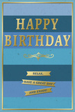 A serene yet celebratory birthday card is shown, echoing the quiet warmth of a Woodside birthday spent with close family and friends. The card's background is made up of broad horizontal bands in varying shades of blue, from deep navy and midnight tones at the base, rising through denim and teal to reach soft, airy sky blue near the top, creating a gentle gradient reminiscent of open skies above nearby parks. Sitting proudly at the centre, the words "HAPPY BIRTHDAY" are stamped in embossed gold foil, the tall capital letters slightly raised and gleaming, so they seem to glow when the card tilts in the light. Below this main greeting, a refined golden flourish stretches across the width, its symmetrical curls hinting at classical calligraphy and old-world charm. Under the flourish, three narrow gold banners line up horizontally, each one metallic and smooth, carrying the warmly inviting message: "Relax, have a great day and enjoy!" The surface of the card around these elements appears soft-matt, allowing the blues to feel cool and calming, while every gold detail-letters, flourish, banners, and slim outer border-adds a glimmer of festivity without overwhelming the eye. The fine gold frame around the edges gives the design a polished, almost gallery-like finish, as if the greeting itself is a cherished keepsake. It's easy to imagine this card propped beside a fresh birthday arrangement delivered locally, the layered blues echoing the petals of seasonal blooms and the gold details reflecting the soft glow of candles, creating a quiet, heartfelt sense of celebration.