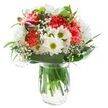 Like a burst of spring from Woodside's flower stalls, this bouquet captures both elegance and genuine cheer in a clear glass vase set against a pristine white backdrop. Fluffy, densely-layered coral-pink carnations form a vibrant core, their petals textured with gentle waves and shimmering hints of peach. Interspersed are crisp white daisies and multi-petaled chrysanthemums, their bright faces and yellow-green centres providing playful lightness and classic charm. Baby's breath winds delicately between the larger blooms, lending a soft, dreamy quality that diffuses any sharp edges. From the side, several unopened magenta alstroemeria buds raise the anticipation of blooms to come, introducing an unexpected pop of colour. Surrounding all are generous, glossy green leaves-some broad, some slender-cradling the flowers and grounding the fresh, buoyant display. With each stem visible in sparkling water, the arrangement radiates freshness and clarity, illuminated by gentle, even light that highlights every vibrant hue and delicate contour. Created with the same care and artistry that define the florists of Woodside, this joyful bouquet is an uplifting choice for celebrating milestones or sending comfort from one local heart to another, its presence both simple and intoxicatingly positive.